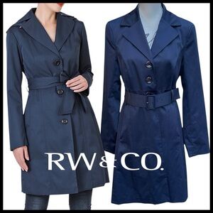 New RW&CO. Navy Cotton Blend Satin Effect Belted Trench Rain Over Coat (L)